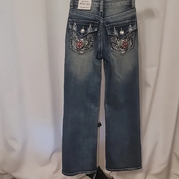 Telepatia Blue Embroidered Wide Leg Jeans - Picture 4 of 6